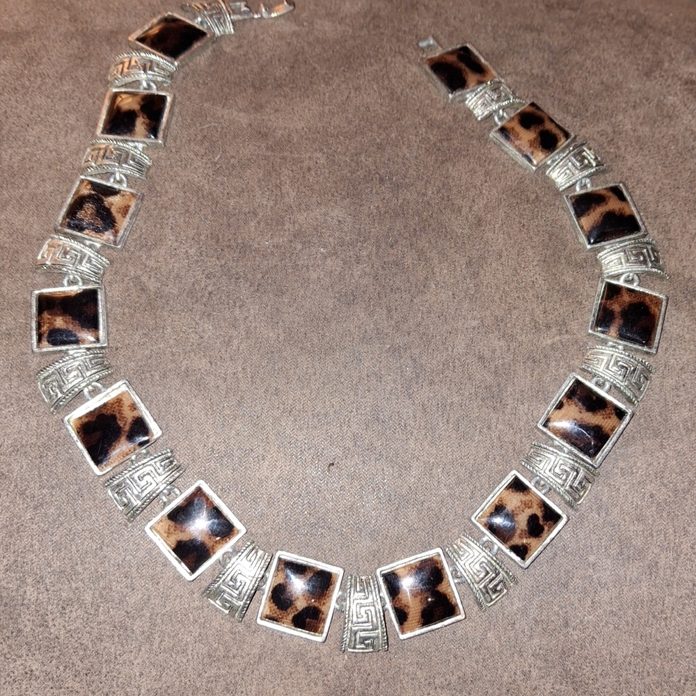 Vintage Tortoiseshell, Animal Print Greek Meander Statement Necklace - Picture 4 of 7